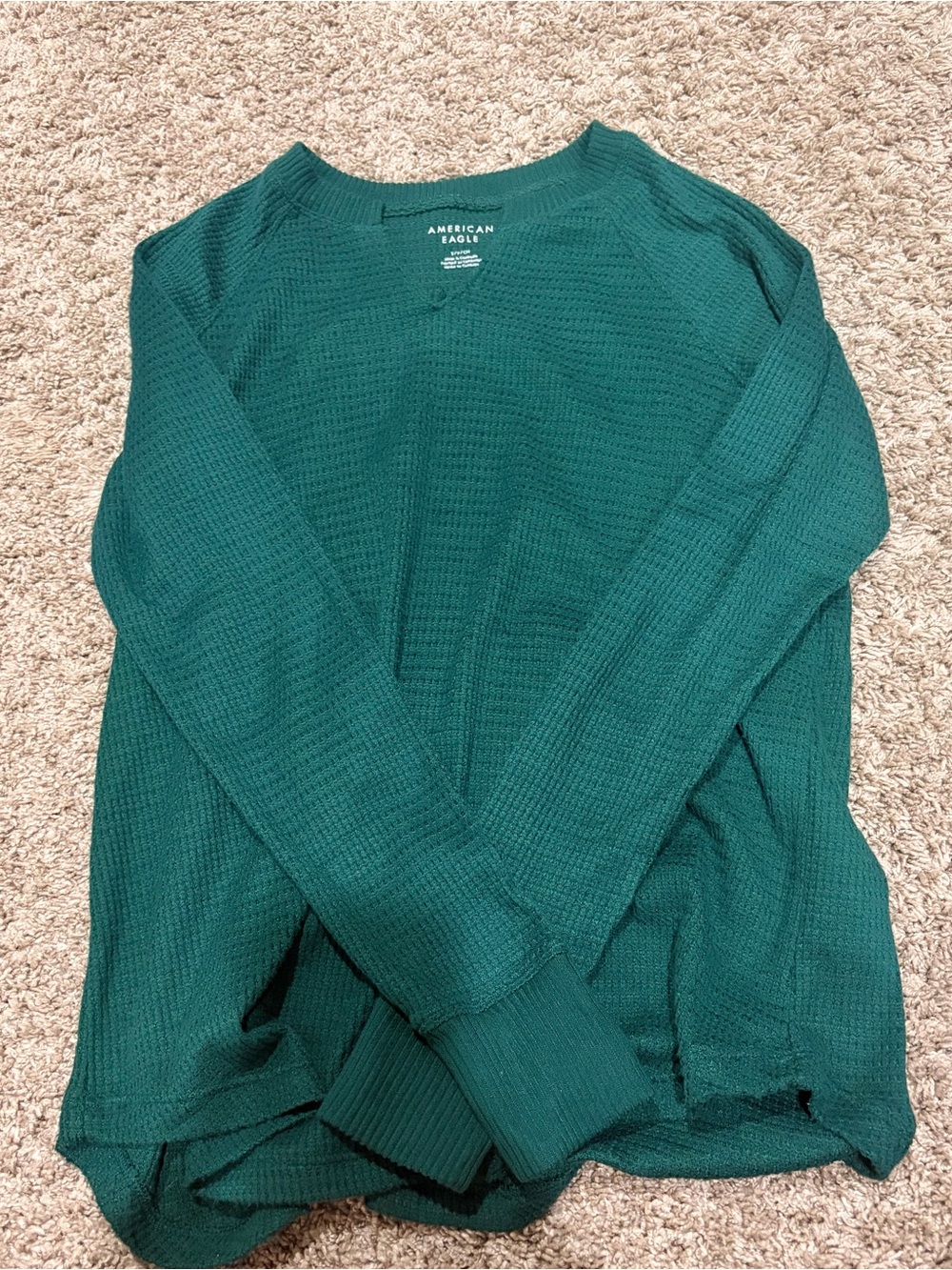 American Eagle Outfitters Teal Green Waffle-Knit Crewneck Sweater